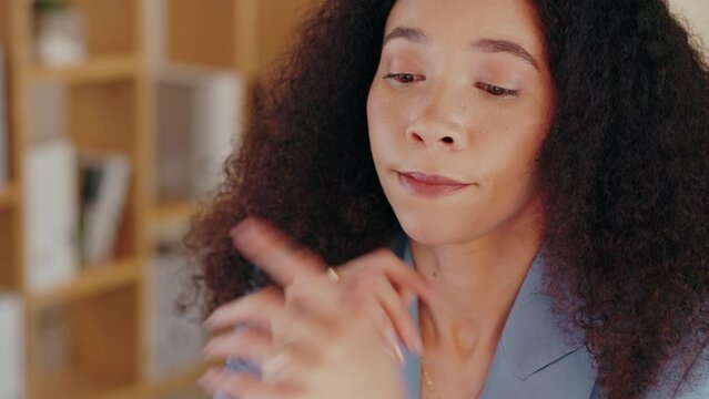 Stress, anxiety or business woman with laptop in office with financial mistake, bank loan rejection or startup budget loss. Designer, worker or employee with burnout and technology 404 glitch or hack