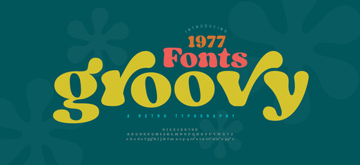 70s retro groovy alphabet letters font and number. Typography decorative fonts vintage concept. Inspirational slogan print with hippie symbols for graphic tee t shirt or poster logo sticker. vector il - obrazy, fototapety, plakaty