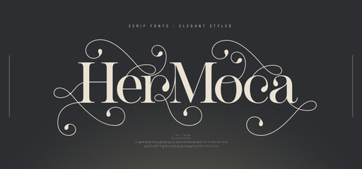 Luxury wedding alphabet letters font with tails. Typography elegant classic serif fonts and number decorative vintage retro concept for logo branding. vector illustration © geengraphy