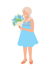 Cute little girl in an airy dress with a bouquet of flowers. Congratulations on the holiday. Vector illustration isolated on white background.