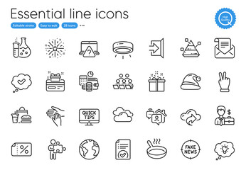World planet, Santa hat and Discount banner line icons. Collection of Online question, Web tutorials, Fast food icons. Mail newsletter, Chemistry flask, Loyalty card web elements. Vector