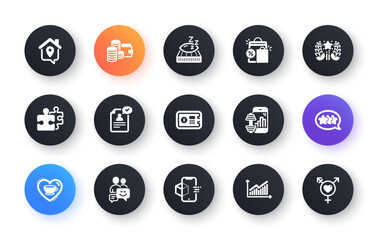 Minimal set of Work home, Ranking and Augmented reality flat icons for web development. Puzzle, Love coffee, Mattress icons. Safe box, Communication, Graph web elements. Resume document. Vector