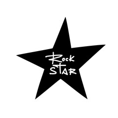 Isolated white Rock star graffiti tag on a black star. Handwritten phrase for design t-shirt, postcard, prints, stickers or social media. Vector illustration.