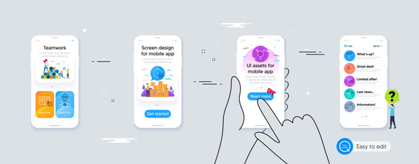 Set of Read instruction, Report and Idea line icons. Phone ui interface. Include Genders, Conversation messages, Winner icons. Fast verification , Journey, Paint roller web elements. Vector