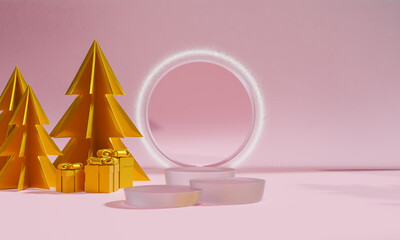 Christmas podium for branding and packaging presentation. Product display with gift boxes, Christmas showcase. Cosmetic and fashion. 3d rendering.