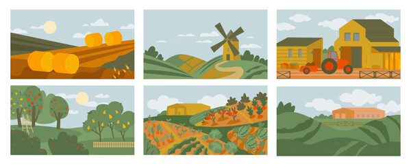 Agricultural views collection. Editable isolated vector illustration. © Double Brain