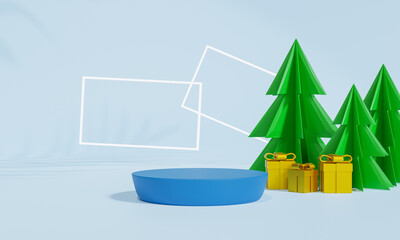 Christmas podium for branding and packaging presentation. Product display with gift boxes, Christmas showcase. Cosmetic and fashion. 3d rendering.