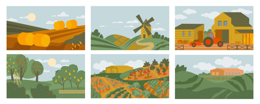 Agricultural views collection. Editable isolated vector illustration.