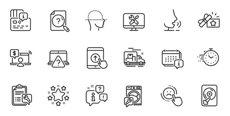 Outline set of Spanner, Dislike and Repair line icons for web application. Talk, information, delivery truck outline icon. Include Stars, Online shopping, Swipe up icons. Vector