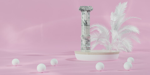 Podium with colorful pastel background and tree or leaf stand on advertising display. 3D rendering.