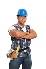 Portrait of young asian construction worker looking at camera, smiling, isolated on white.