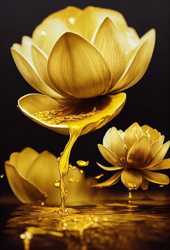 Illustration of colorful flower lotus, paint splashes. Majestic, exotic, garden plant spreading petals. Dripping oil and water painting of a amazing blossom. Watercolor drawing. 3D illustration.