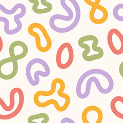 Abstract seamless pattern with colorful rainbow shapes in style 60s, 70s. Trendy vector illustration.