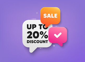 Up to 20 percent discount. 3d bubble chat banner. Discount offer coupon. Sale offer price sign. Special offer symbol. Save 20 percentages. Discount tag adhesive tag. Promo banner. Vector