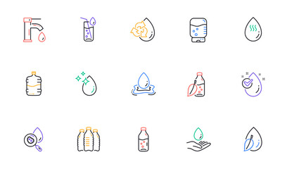 Water drop line icons. Bottle, Antibacterial filter and Tap water. Clean water linear icon set. Bicolor outline web elements. Vector