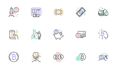 Bitcoin line icons. Blockchain, Crypto ICO and Cryptocurrency. Mining linear icon set. Bicolor outline web elements. Vector