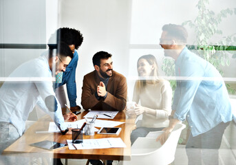 young business people meeting office teamwork group whiteboard presentation seminar woman businessman businesswoman startup project idea training student total