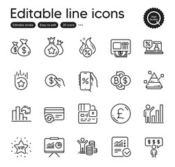 Set of Finance outline icons. Contains icons as Hot loan, Decreasing graph and Loyalty star elements. Bitcoin exchange, Vip star, Online loan web signs. Budget profit, Graph chart. Vector