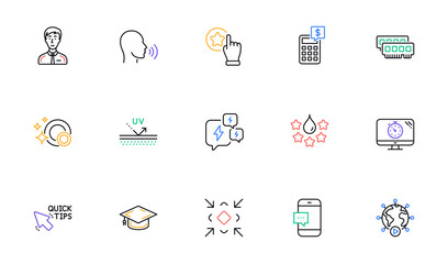 Quick tips, Minimize and Smartphone message line icons for website, printing. Collection of Clean dishes, Quality, Calculator icons. Stress, Graduation cap, Ram web elements. Vector