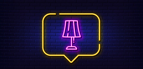 Neon light speech bubble. Table lamp line icon. Bedside light sign. Interior illuminate symbol. Neon light background. Table lamp glow line. Brick wall banner. Vector