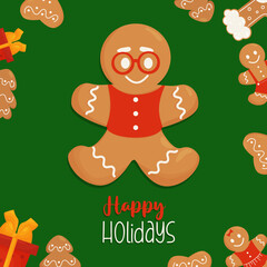 Card with cute Christmas gingerbread man elderly man with glasses and inscription Happy Holidays. Vector illustration. Cookie color square poster for design holiday cards, printing and decor.