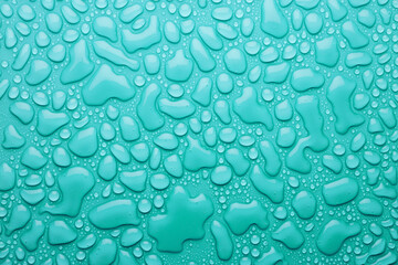 Water drops on soft light aquamarine, mint, turquoise background as freshness ocean texture,...