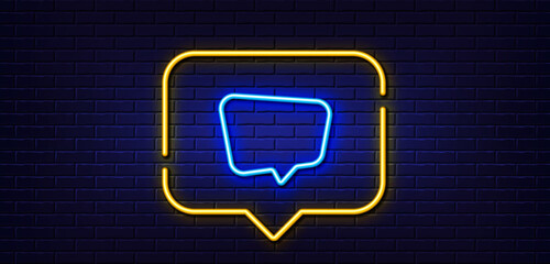 Neon light speech bubble. Chat comment line icon. Speech bubble sign. Social media message symbol. Neon light background. Chat message glow line. Brick wall banner. Vector