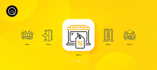 Fototapeta na wymiar Entrance, Market sale and Door minimal line icons. Yellow abstract background. Sports arena, Arena stadium icons. For web, application, printing. Open door, Store discounts, Event stadium. Vector