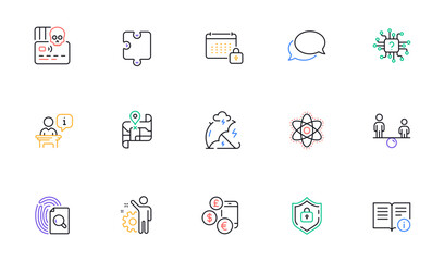 Calendar, Equity and Messenger line icons for website, printing. Collection of Cyber attack, Map, Artificial intelligence icons. Inspect, Currency rate, Shield web elements. Vector