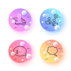 Delivery truck, Speech bubble and Online voting minimal line icons. 3d spheres or balls buttons. Feedback icons. For web, application, printing. Courier location, Chat message, Internet poll. Vector