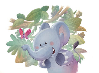 Illustration of small elephant with butterfly