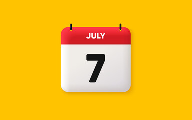 Calendar date 3d icon. 7th day of the month icon. Event schedule date. Meeting appointment time. Agenda plan, July month schedule 3d calendar and Time planner. 7th day day reminder. Vector