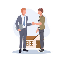 Real estate agency handshake with a man.  real estate purchase concept. Buying Home. Vector illustration.