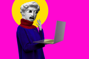 Abstract modern collage. The man with the plaster head of David in a red sweater looks at a laptop...