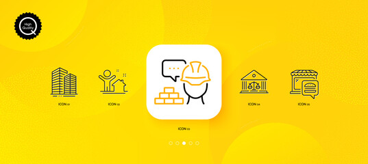 Fototapeta na wymiar Food market, Skyscraper buildings and Build minimal line icons. Yellow abstract background. New house, Court building icons. For web, application, printing. Vector
