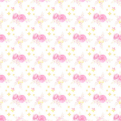 Watercolor seamless pattern with peonies and yellow stars 