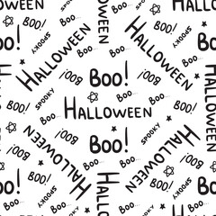 Cute hand drawn vector Halloween seamless pattern, text doodle background. For Halloween print, banners, wallpapers, textiles, wrapping. Boo pattern