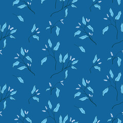 Seamless pattern, hand drawn botanical print with branches. Abstract composition of branches with small flowers tassels, large leaves on a blue background. Vector illustration.