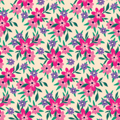 Fototapeta na wymiar Seamless floral pattern, pretty ditsy print with small decorative plants. Abstract botanical arrangement of pink flowers, various leaves, bouquets on a light background. Vector illustration.
