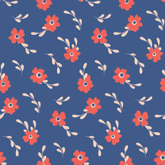 Seamless floral pattern, romantic ditsy print with vintage motifs. Simple botanical design, abstract arrangement of small hand drawn plants: flowers, leaves on a blue background. Vector illustration.