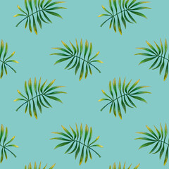 Seamless pattern of tropical palm leaves drawn with colored pencils on a blue background. For fabric, sketchbook, wallpaper, wrapping paper.