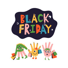 Cartoon Black Friday Kids, Characters monsters, Hand drawn sign, lettering. Shopping bags for children store. Flat vector illustration for web banner, advertisement, cover, flyer.