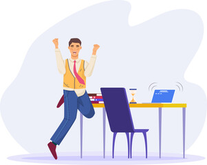 Happy businessman jumping triumphing with his fists raised