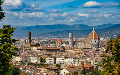 Panoramic view from Piazzale Michelangelo towards the city center of Florence Tuscany Italy