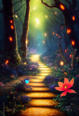 pathway to magical forest surreal fantasy landscape 3d illustration