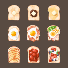 Set of sandwiches. Watercolor hand painted illustration