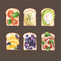 Set of sandwiches. Watercolor hand painted illustration