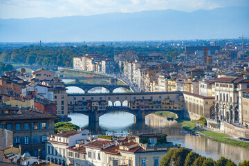 Panorama on the Lungarno and Ponte Vecchio in Florence Tuscany Italy