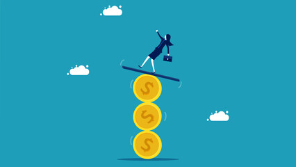 Financial instability. Businesswoman standing on an unstable coin. vector illustration eps