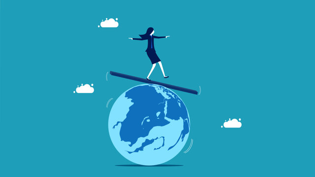 Instability Of The World. Businesswoman Stands In An Unstable World. Vector Illustration Eps